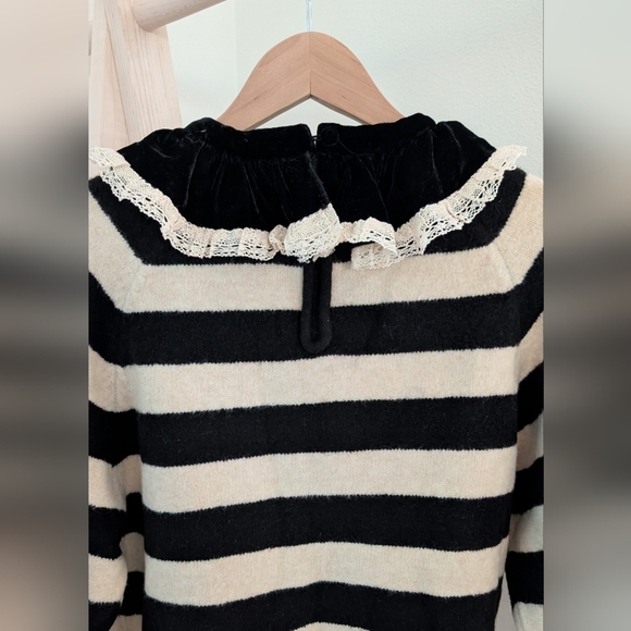 Zara Women's Striped Black and Cream Sweater with Velvet Lace Collar, Sz M - Picture 6 of 8